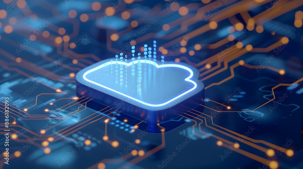 Poster futuristic cloud computing technology concept with glowing digital circuit board. high-tech data sto