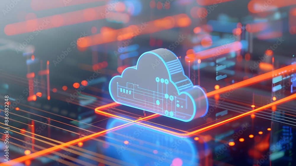 Poster futuristic cloud computing technology concept with glowing lines, circuit board, and data flow in a 