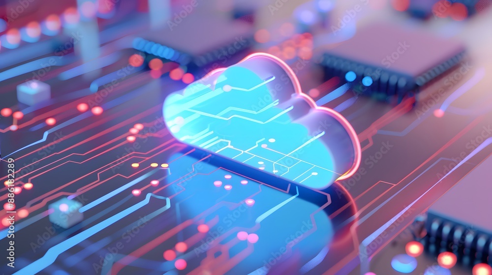 Poster futuristic cloud computing technology concept with glowing neon cloud icon and circuit board backgro