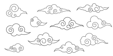 Japanese cloud set, asian traditional wavy curly ornament. China ornament, eastern decoration doodle, line. Clouds flow with the wind in the sky .