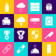 Fototapeta premium Set Refrigerator, Meat chopper, Washer, Furniture nightstand, Cloud upload and Toaster with toasts icon. Vector