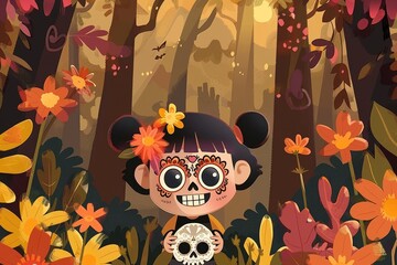 Girl With Day of the Dead Makeup Holds Skull in Autumn Forest