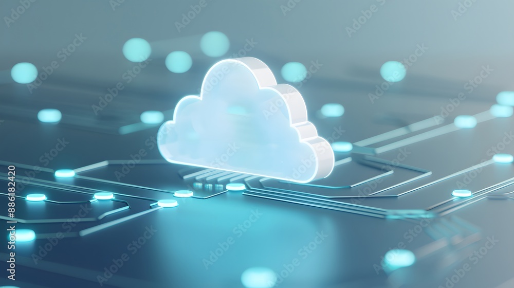 Poster futuristic cloud computing technology concept with glowing network connections on a digital circuit 