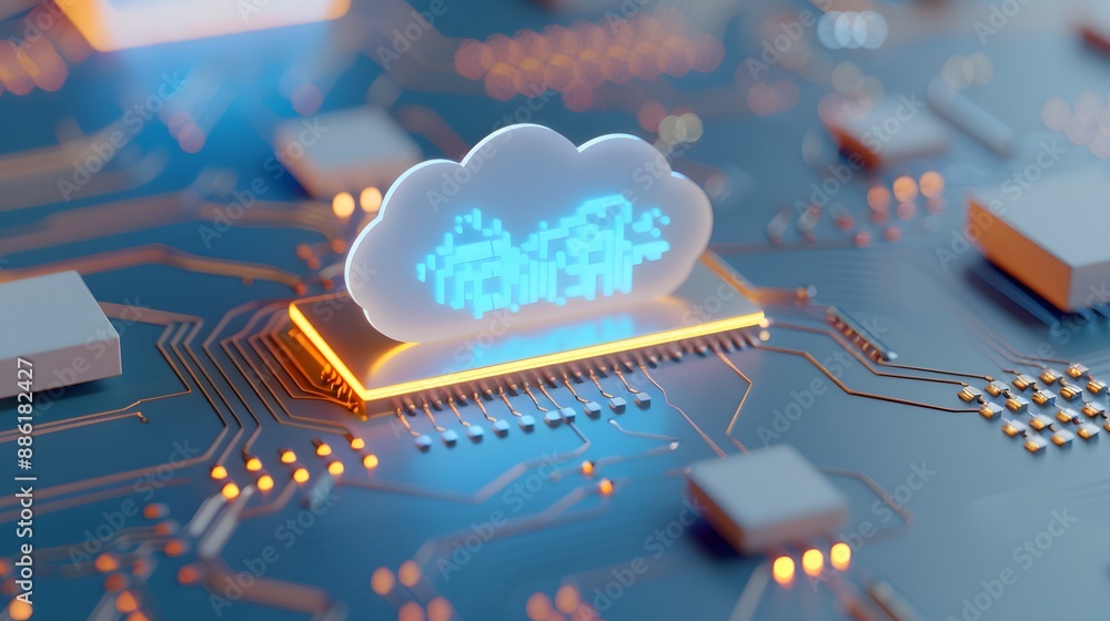 Poster futuristic cloud computing technology concept with holographic cloud symbol on an illuminated microc
