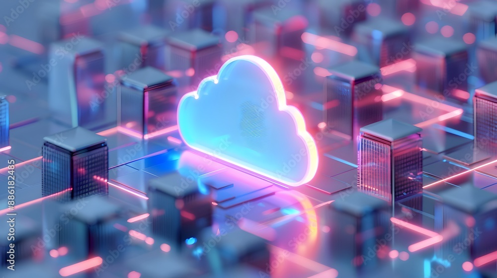 Poster futuristic cloud computing technology concept with neon glow, representing data storage and digital 