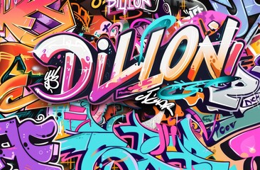 The wall is decorated with abstract drawings house paint. Modern iconic urban culture of street youth. Abstract stylish picture on the wall.