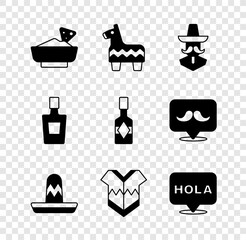 Set Nachos in bowl, Pinata, Mexican man sombrero, Poncho, Hola, Tequila bottle and Tabasco sauce icon. Vector © vector_v