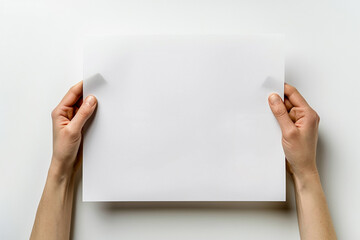 Hands holding a blank sheet of paper against a white background, ideal for presenting your message or design.