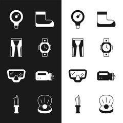 Set Diving watch, Wetsuit for scuba diving, Gauge scale, Boots, mask, Flashlight diver, Pearl and knife icon. Vector