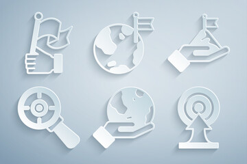 Set Hand holding Earth globe, Mountains with flag, Target magnifying glass, arrow, Planet and icon. Vector