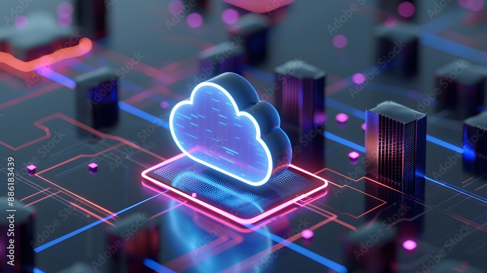 Poster futuristic cloud computing technology with vibrant neon lights and digital connections in a modern d