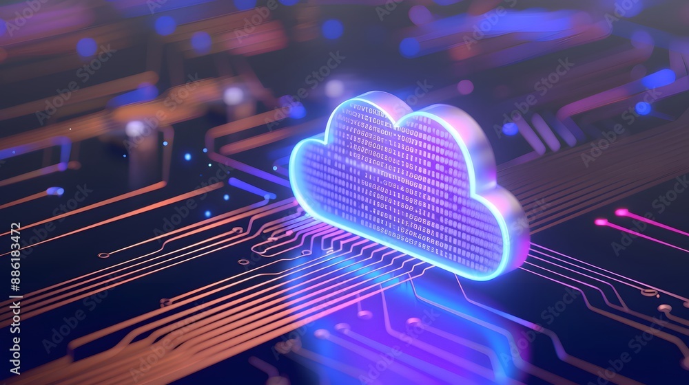 Poster futuristic cloud icon over a complex circuit board symbolizes digital data storage and technology ad