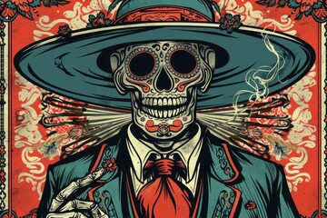 Illustrated Skull in Suit and Sombrero With Floral Background