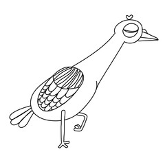 Vector illustration of a pigeon walking funny with its eyes closed in doodle style on a white background