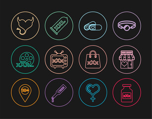 Set line Bottle with pills for potency, Sex shop building, Pills, tv old television, Film reel, Devil heart horns, Shopping bag triple X and Condom safe sex icon. Vector