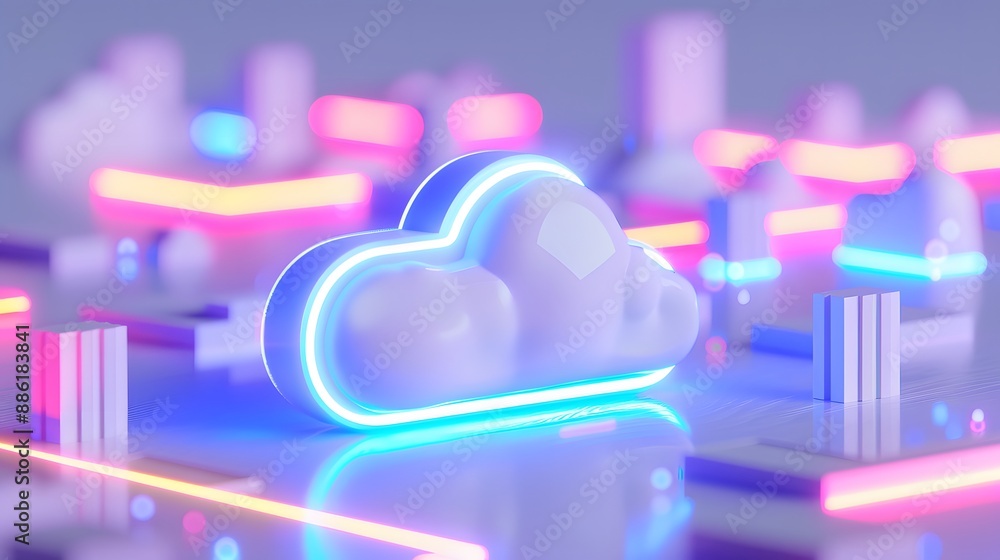 Poster futuristic cloud technology concept with glowing neon lights, abstract 3d rendering of modern digita