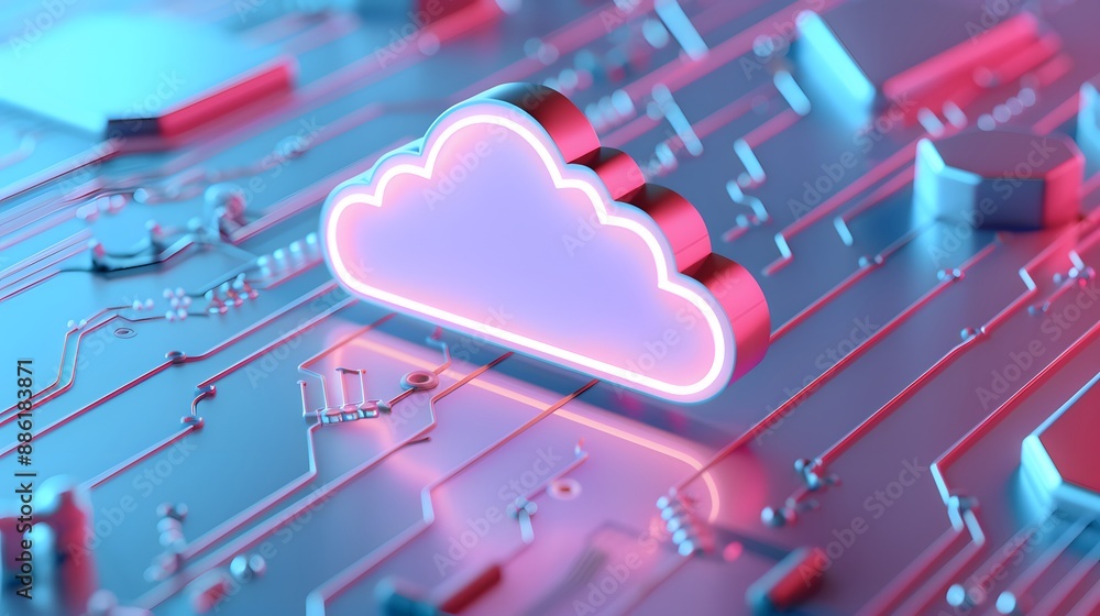 Poster futuristic cloud technology concept with neon cloud icon on a digital circuit board, depicting cloud