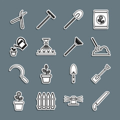 Set line Garden saw, shovel, Shovel in the ground, Automatic irrigation sprinklers, Watering can, Gardening handmade scissor and rake for leaves icon. Vector