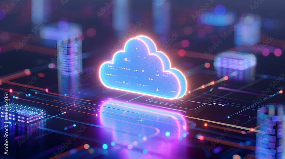 Poster futuristic concept of cloud computing technology and digital data integration in a vibrant virtual e