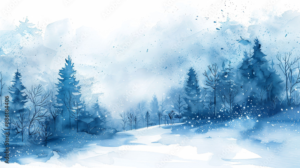 Poster a painting of a snowy forest with trees and a path