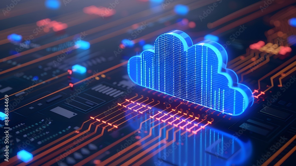 Poster futuristic depiction of cloud computing technology with glowing circuit board, representing modern d