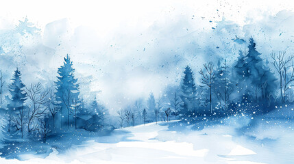A painting of a snowy forest with trees and a path
