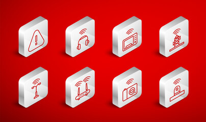 Set line Smart security camera, headphones, microwave oven, Wireless antenna, photo, Exclamation mark in triangle, Router and wi-fi signal and street light icon. Vector