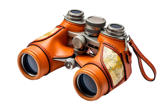 Antique Leather Binoculars With Map Detailing a Journey of Exploration on a White or Clear Surface PNG Transparent Background.