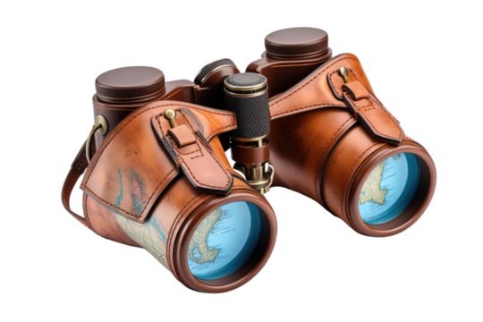 A Vintage Leather Bound Globe Binoculars for Exploring the World on a White or Clear Surface PNG Transparent Background.
