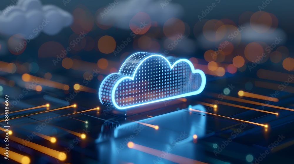 Poster futuristic digital cloud computing and data storage concept with glowing neon cloud icon and circuit