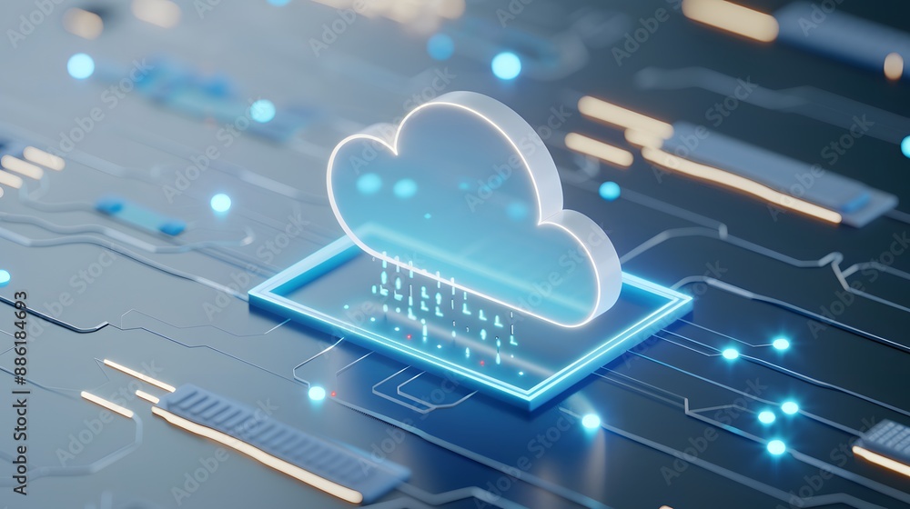 Poster futuristic digital cloud computing concept with cloud icon on a glowing circuit board, representing 