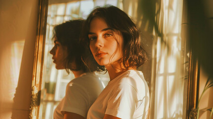 beauty woman model pose near mirror