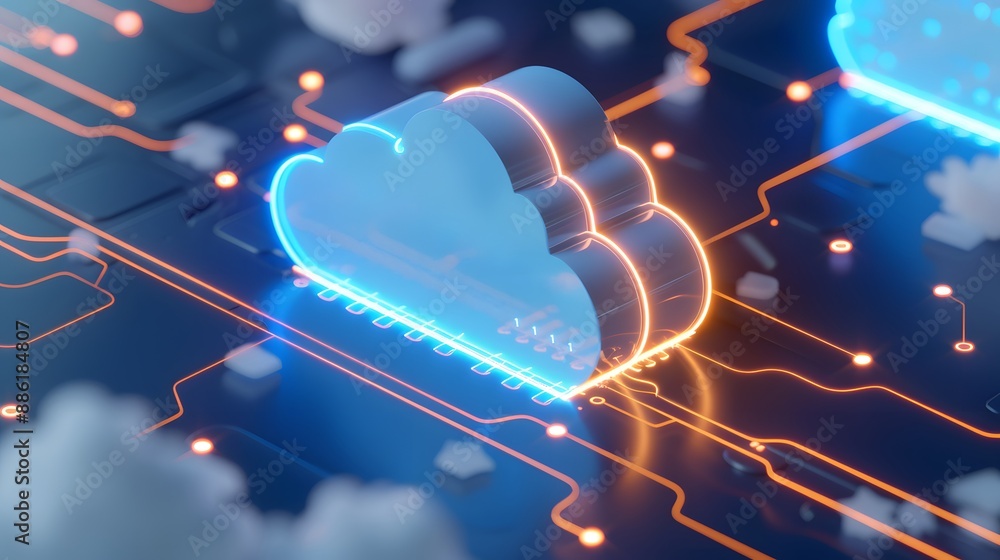 Aufkleber futuristic digital cloud computing concept with glowing circuits representing data, connectivity, an