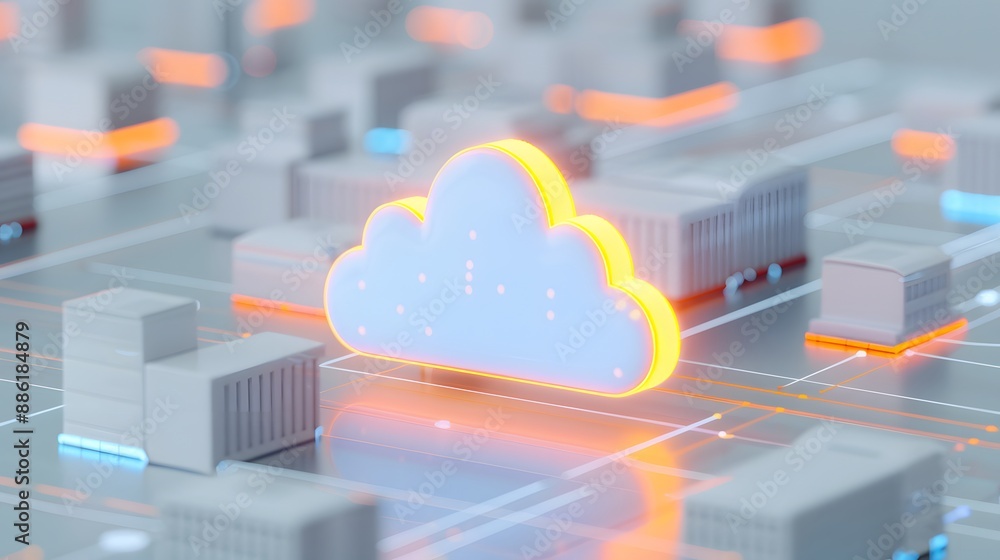 Poster futuristic digital cloud computing concept with glowing elements and server blocks, representing dat
