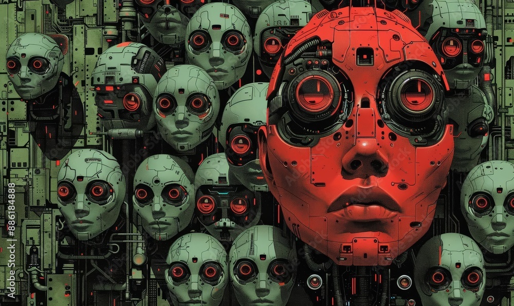 Poster intricate cybernetic faces with red and green color scheme