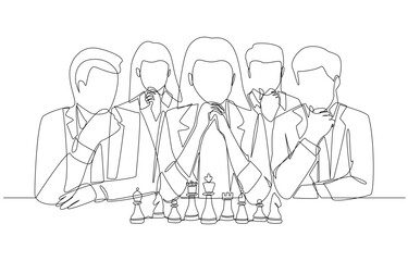 Continuous one line drawing of businesspeople looking at chess pieces and thinking, business team strategy concept, single line art.