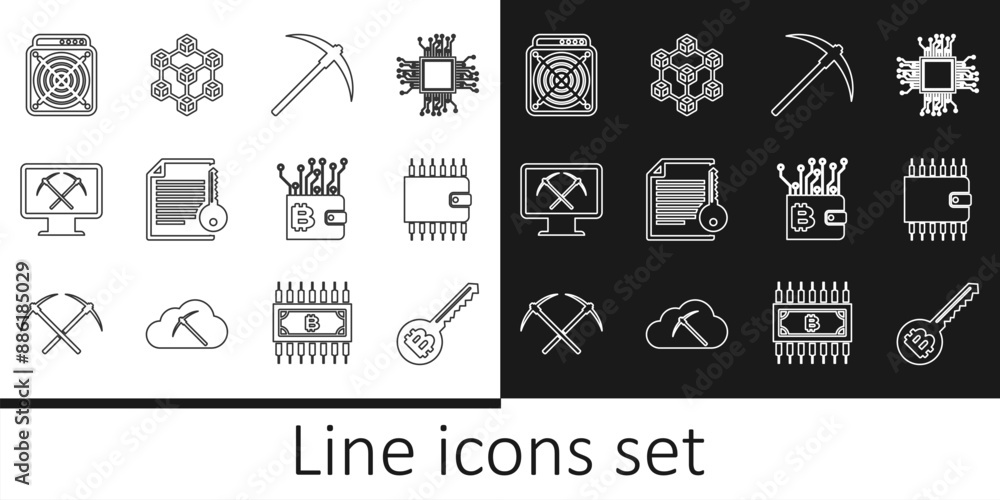 Poster set line cryptocurrency key, wallet, pickaxe, smart contract, mining with monitor and pickaxe, asic 