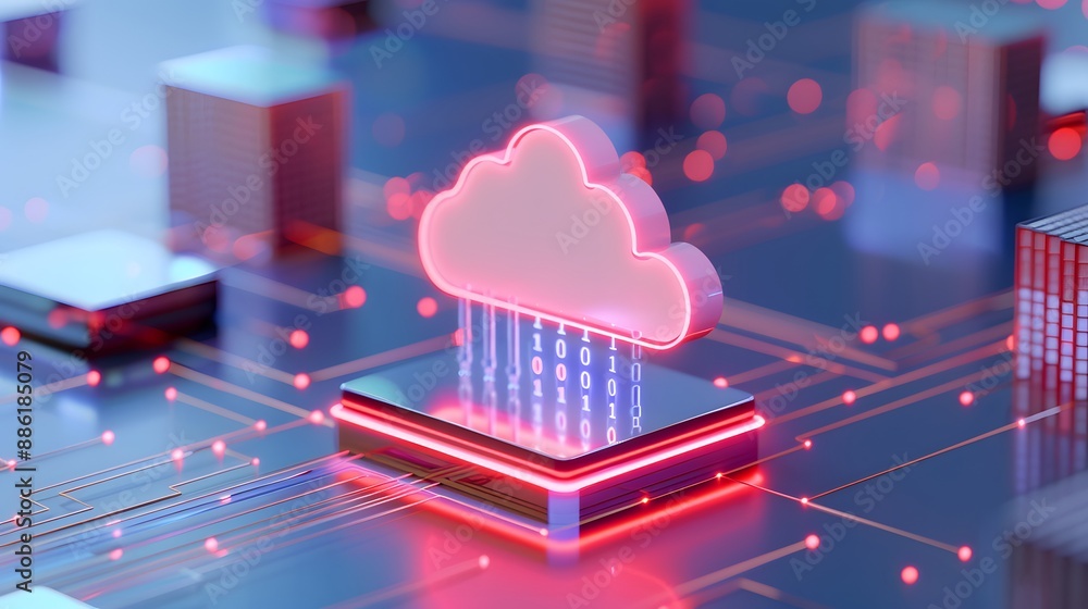 Poster futuristic digital cloud computing technology concept with glowing circuit board and data transfer i