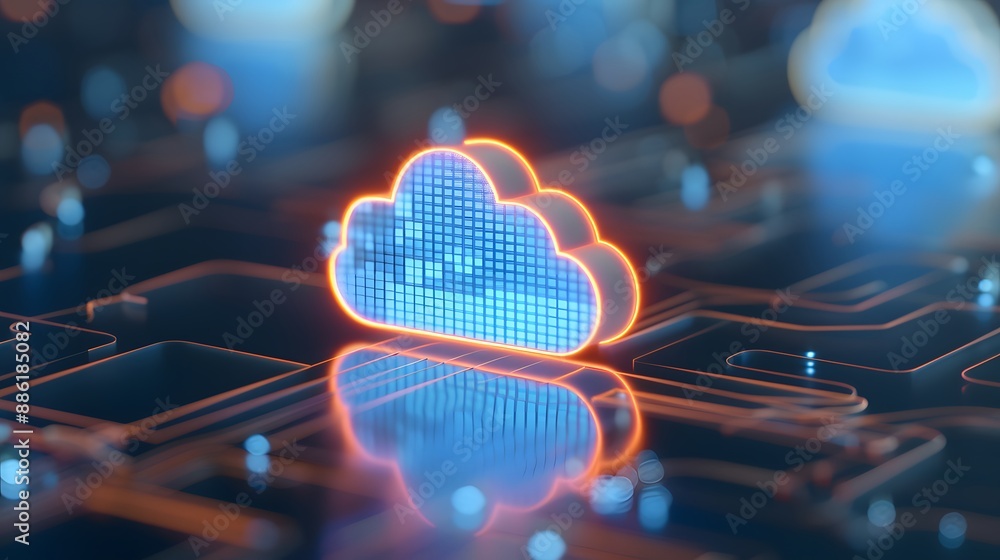 Poster futuristic digital cloud computing technology concept with glowing cloud icon on a circuit board bac