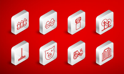 Set line Granary, Chicken egg in box, Can container for milk, Tree, Tractor, Garden fence wooden, Pig and rake icon. Vector