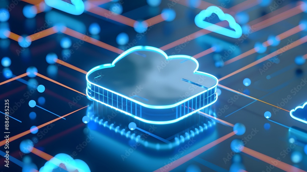 Poster futuristic digital cloud computing technology with glowing cloud icons connected through a network o
