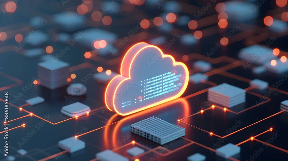 Poster futuristic digital cloud storage concept with neon glowing icons representing data networks and tech