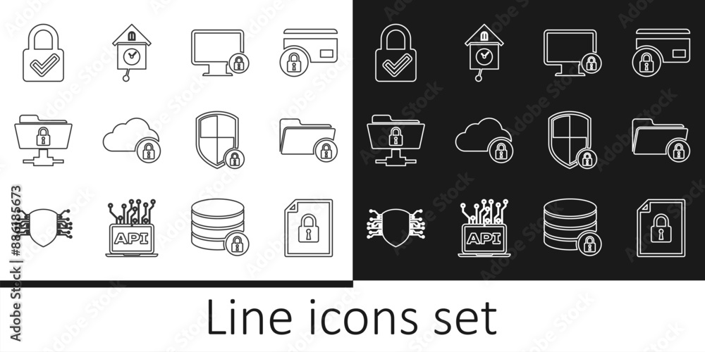 Poster set line document and lock, folder, lock on monitor, cloud computing, ftp folder, check mark, shield