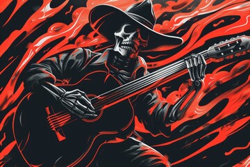 Obraz premium Skeleton Guitarist Performing With Flames in Background