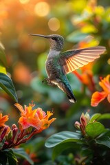 Fototapeta premium Vibrant Hummingbird Among Blooming Orange Flowers with Green Foliage