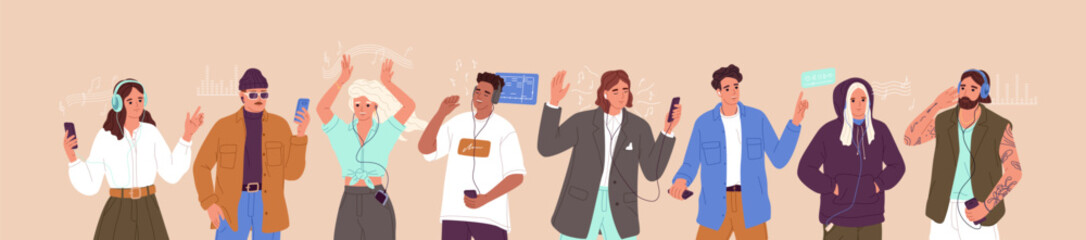 Row of happy people in headphones listen to music records, audio podcasts with smartphones, phones. Modern men and women with songs in earphones enjoy, dancing. Flat isolated vector illustrations