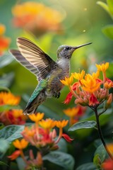 Fototapeta premium Close-up of Hummingbird in Colorful Flower Garden with Vibrant Background