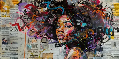 Plexiglas schilderij Abstracte kunst Graffiti, collage of grunge newspapers, watercolor splash, illustration of an African woman with a dreamy expression, urban creative works, street art, mixed media  © Maxim Borbut