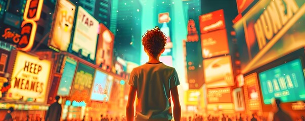 Obraz premium Young boy standing on a busy city street at night, looking up at the colorful lights of towering skyscrapers.