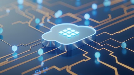 Obraz premium Futuristic digital cloud technology, illustrating data storage and transfer in a virtual environment with glowing circuits and nodes. 3D Illustration.